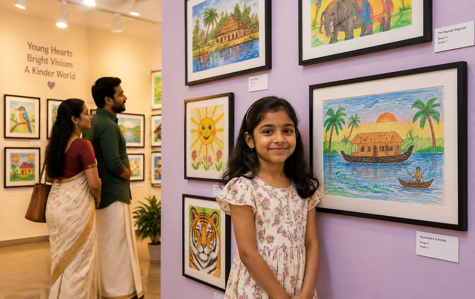 Children's artworks displayed in a gallery — an imagined Maram Annual Art Exhibition