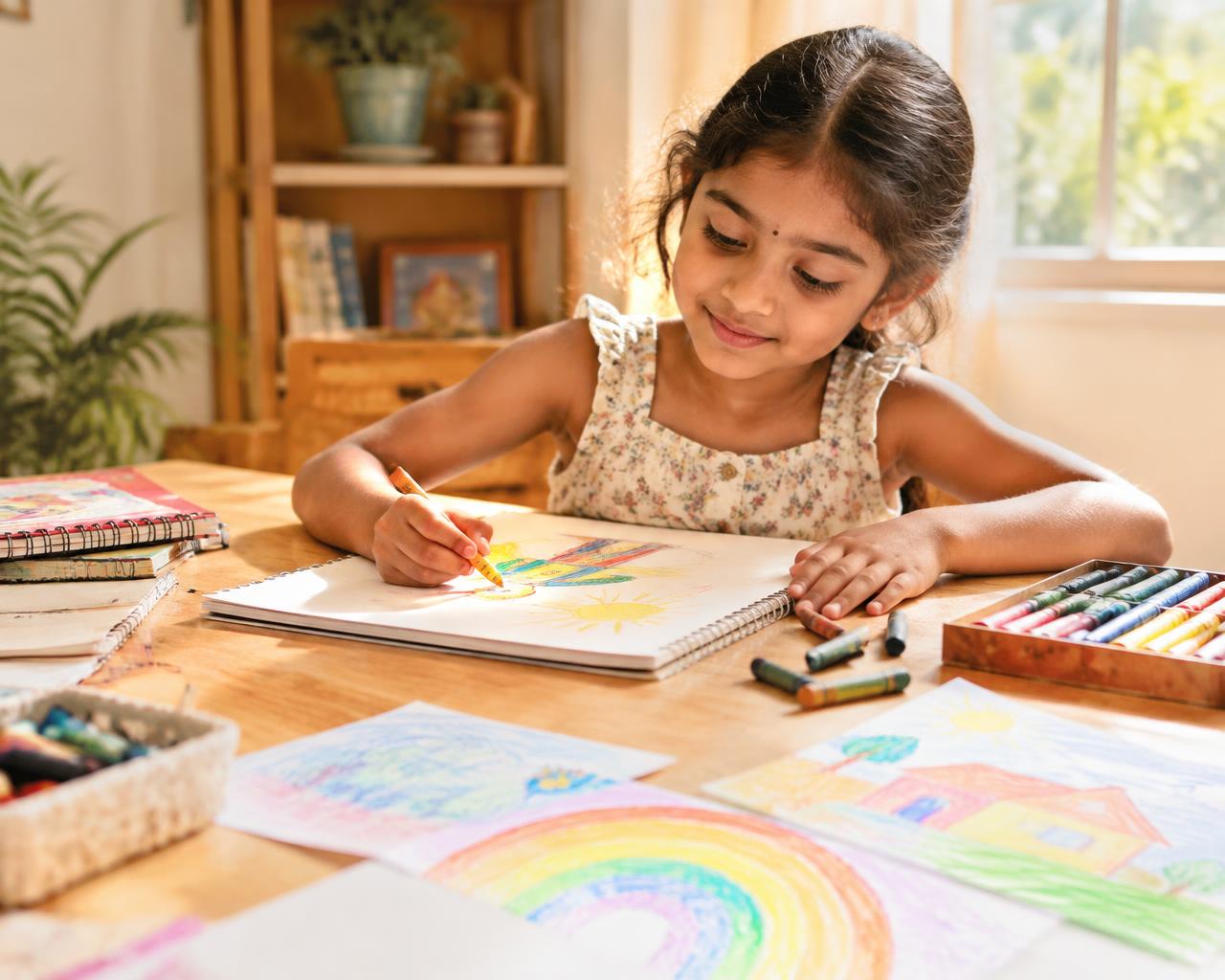 A young child drawing with oil pastels