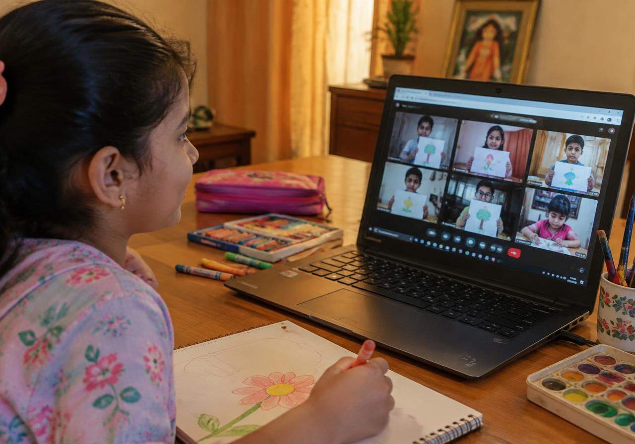 A child attending an online art class